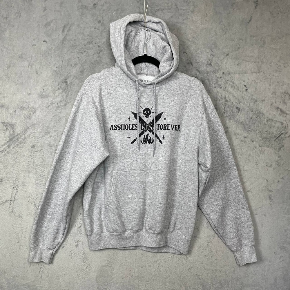 Graphic Hoodie Pullover Gray Skull Print Streetwear Grunge Sweatshirt Small